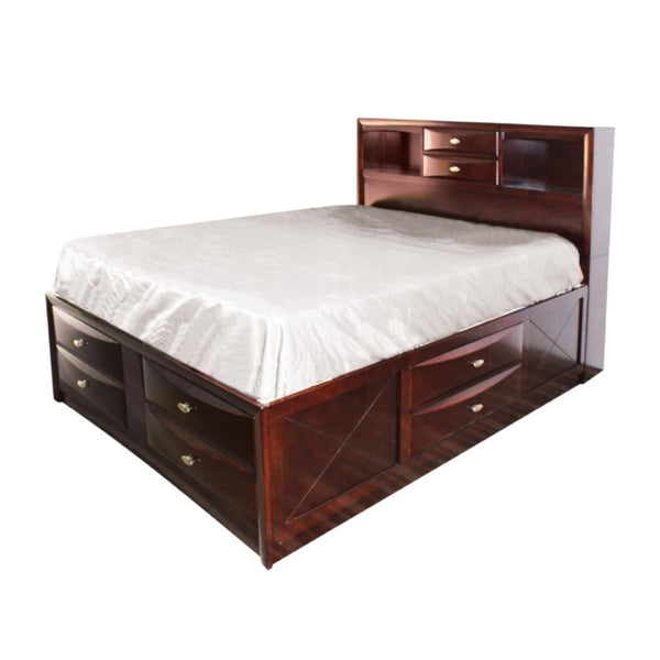HomeRoots Espresso Wood Queen Bed Frame with Bookcase Headboard & Under-Bed Drawers for Organized Comfort 376954
