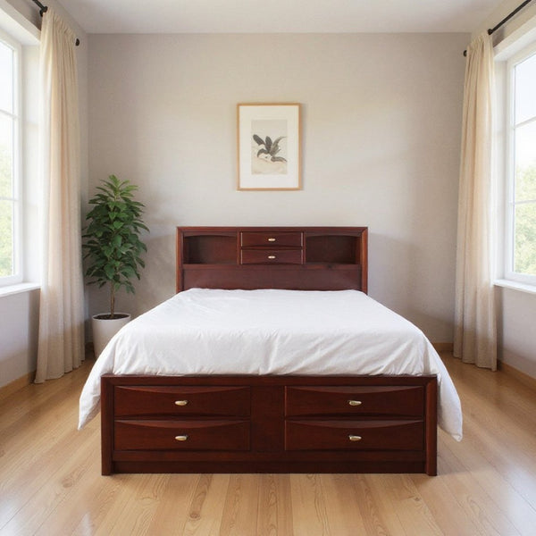 HomeRoots Espresso Wood Queen Bed Frame with Bookcase Headboard & Under-Bed Drawers for Organized Comfort 376954