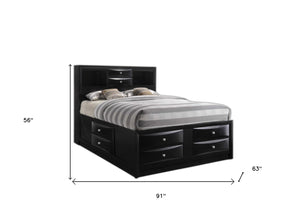 HomeRoots Black Wood Queen Bed Frame With Ten Drawers & Bookcase Headboard for Stylish Bedroom Storage 376955