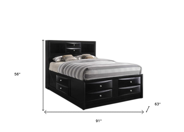 HomeRoots Black Wood Queen Bed Frame With Ten Drawers & Bookcase Headboard for Stylish Bedroom Storage 376955