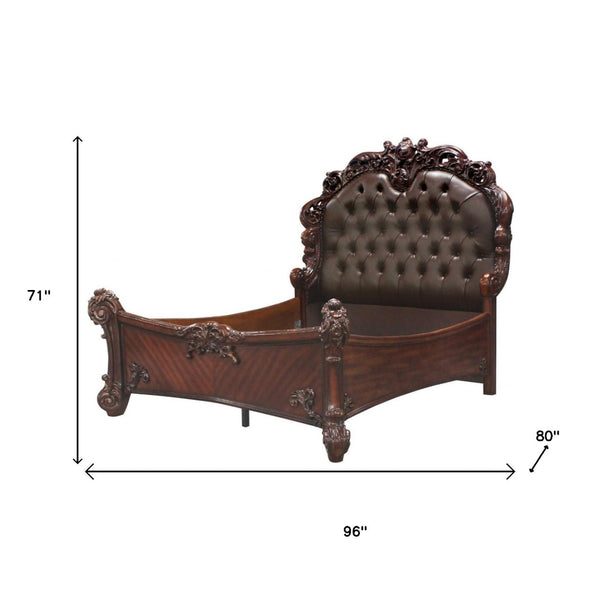 HomeRoots Dark Brown Tufted Upholstered Faux Leather Bed with Cherry Blossom Pink Accents for Elegant Bedrooms 376957
