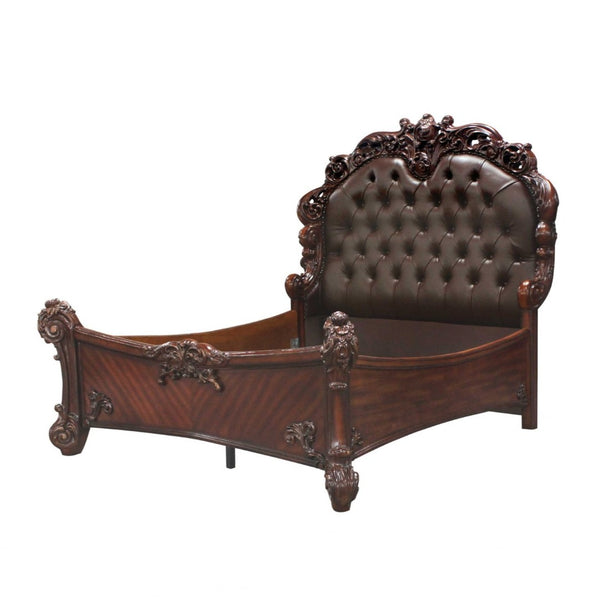 HomeRoots Dark Brown Tufted Upholstered Faux Leather Bed with Cherry Blossom Pink Accents for Elegant Bedrooms 376957