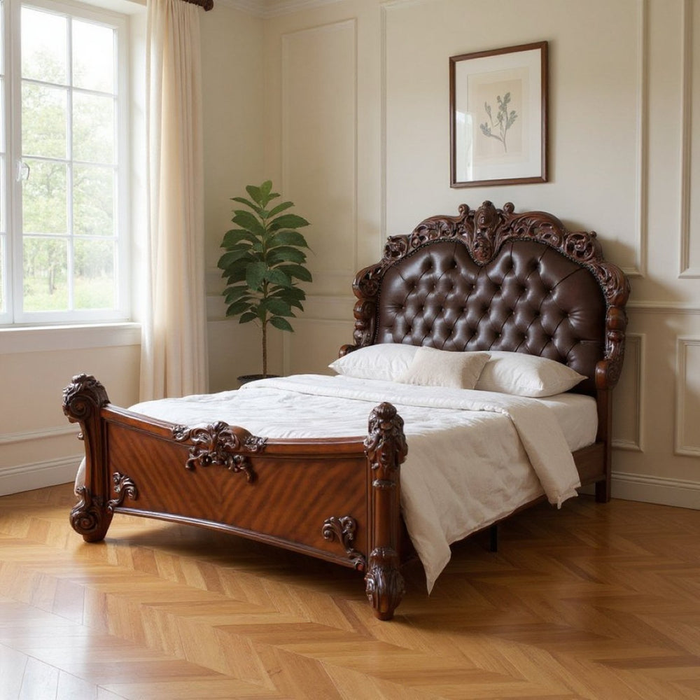 HomeRoots Dark Brown Tufted Upholstered Faux Leather Bed with Cherry Blossom Pink Accents for Elegant Bedrooms 376957