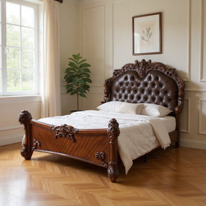 HomeRoots Dark Brown Tufted Upholstered Faux Leather Bed with Cherry Blossom Pink Accents for Elegant Bedrooms 376957