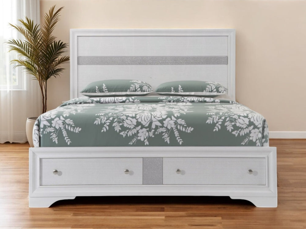 HomeRoots White Queen Bed Frame with Gray Wood Finish and 2 Storage Drawers – Modern, Durable Design for Your Bedroom 376959
