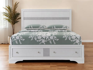 HomeRoots White Queen Bed Frame with Gray Wood Finish and 2 Storage Drawers – Modern, Durable Design for Your Bedroom 376959