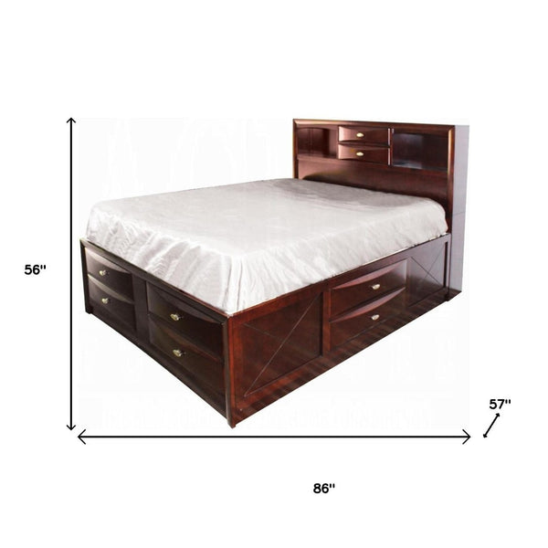 HomeRoots Espresso Wood Full Bed Frame with Built-In Bookcase Headboard and Storage Drawers for Modern Bedrooms 376963