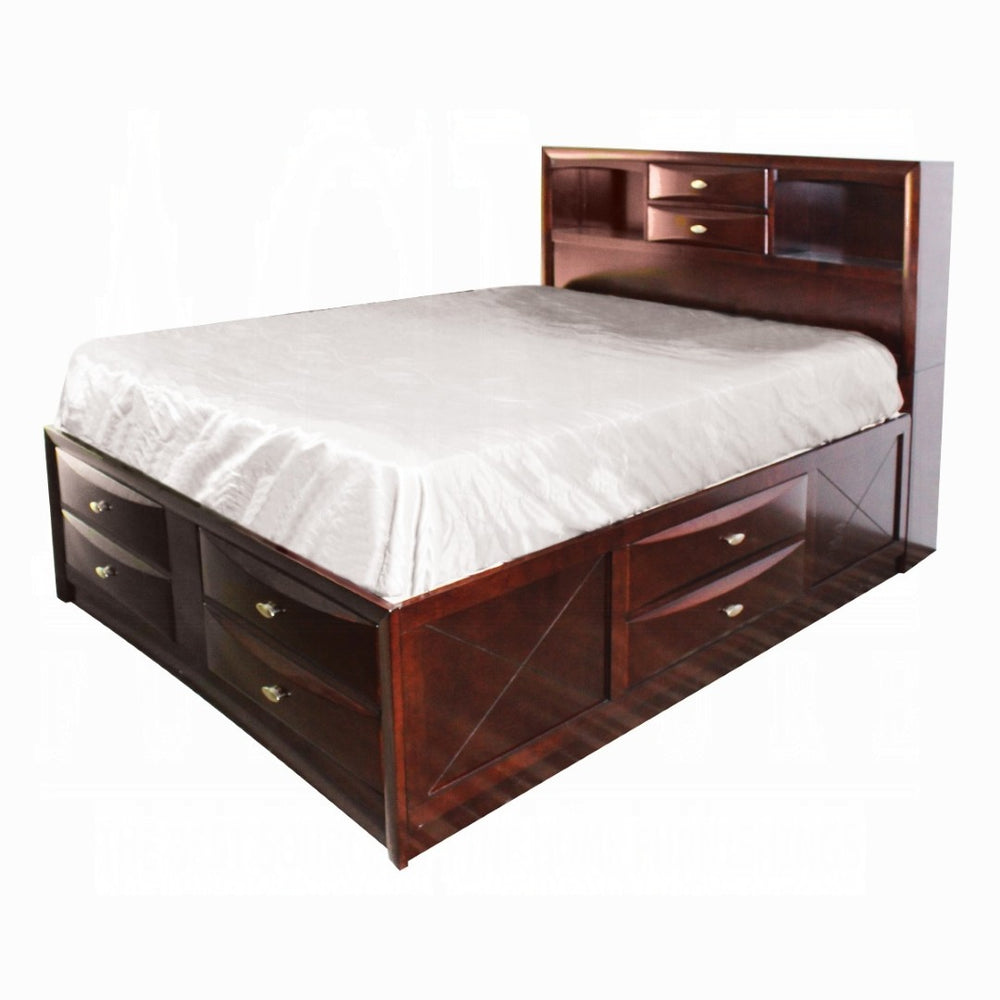 HomeRoots Espresso Wood Full Bed Frame with Built-In Bookcase Headboard and Storage Drawers for Modern Bedrooms 376963