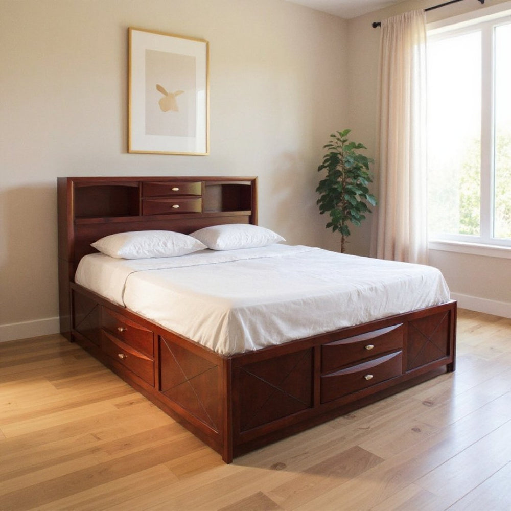HomeRoots Espresso Wood Full Bed Frame with Built-In Bookcase Headboard and Storage Drawers for Modern Bedrooms 376963