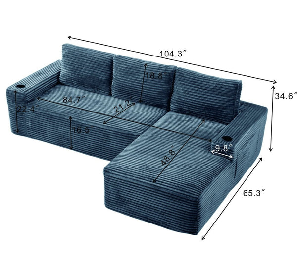 English Elm 104 Inch Corduroy Modular Sectional Sofa Deep Cushioned L Chaise for Living Room W5515S00024