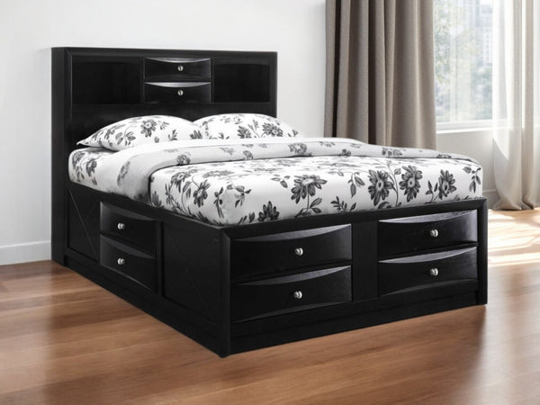 HomeRoots Black Wood Full Bed Frame with Ten Drawers and Bookcase Headboard for Stylish, Organized Sleep Space 376964