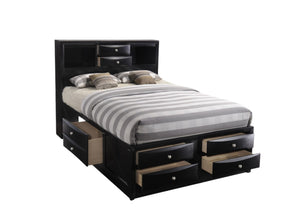 HomeRoots Black Wood Full Bed Frame with Ten Drawers and Bookcase Headboard for Stylish, Organized Sleep Space 376964