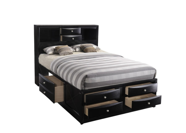 HomeRoots Black Wood Full Bed Frame with Ten Drawers and Bookcase Headboard for Stylish, Organized Sleep Space 376964