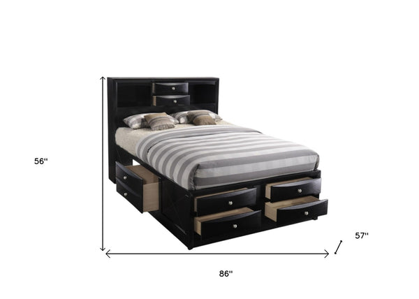 HomeRoots Black Wood Full Bed Frame with Ten Drawers and Bookcase Headboard for Stylish, Organized Sleep Space 376964
