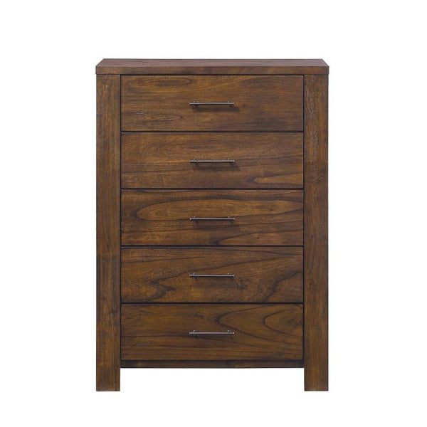 Homeroots 48" Oak Finish 5 Drawer Chest Dresser With Brass Metal Hardware  Solid Wood 376967