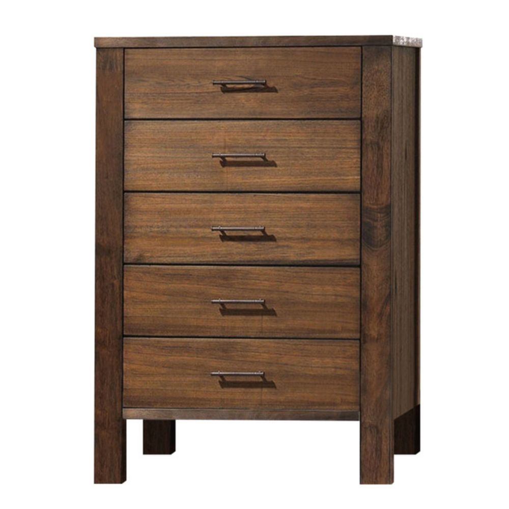 Homeroots 48" Oak Finish 5 Drawer Chest Dresser With Brass Metal Hardware  Solid Wood 376967