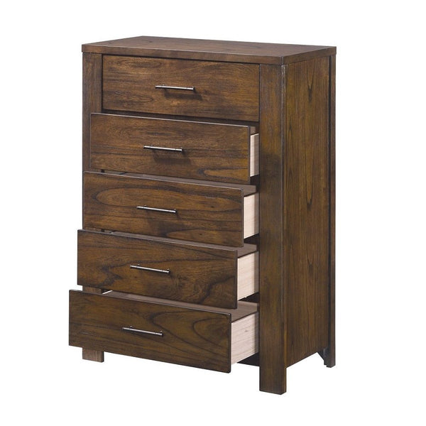 Homeroots 48" Oak Finish 5 Drawer Chest Dresser With Brass Metal Hardware  Solid Wood 376967