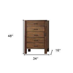 Homeroots 48" Oak Finish 5 Drawer Chest Dresser With Brass Metal Hardware  Solid Wood 376967