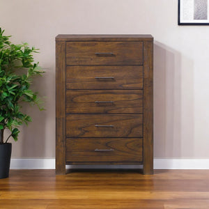 Homeroots 48" Oak Finish 5 Drawer Chest Dresser With Brass Metal Hardware  Solid Wood 376967