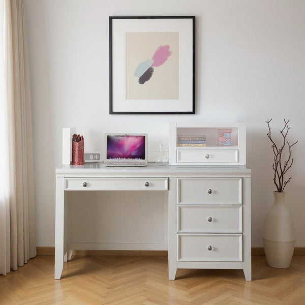 HomeRoots White Wood Computer Desk with Ample Storage, Elegant Design & Keyboard Drawer for Home Office Use 376973