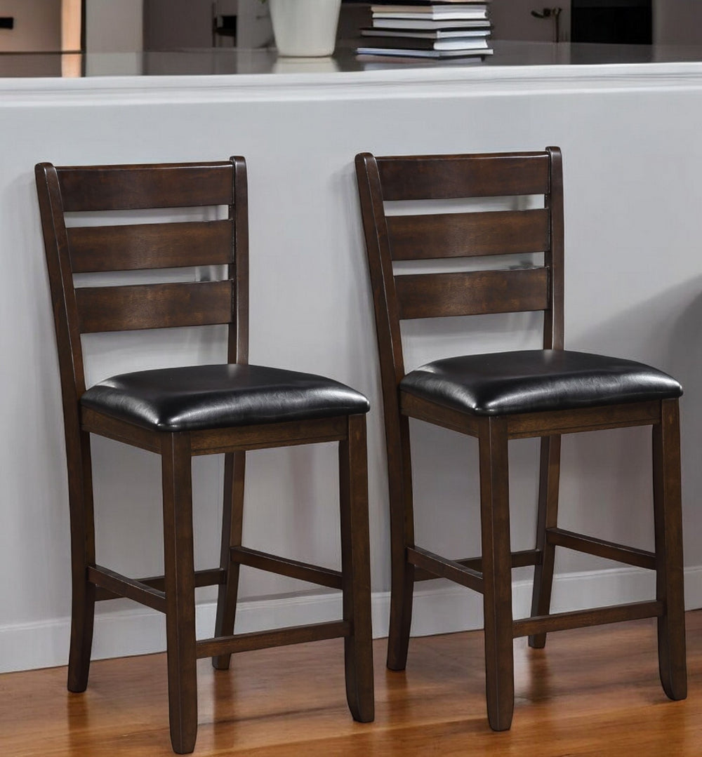 Homeroots Set Of Two 41" Black And Brown Faux Leather And Solid Wood Counter Height Bar Chairs   376979