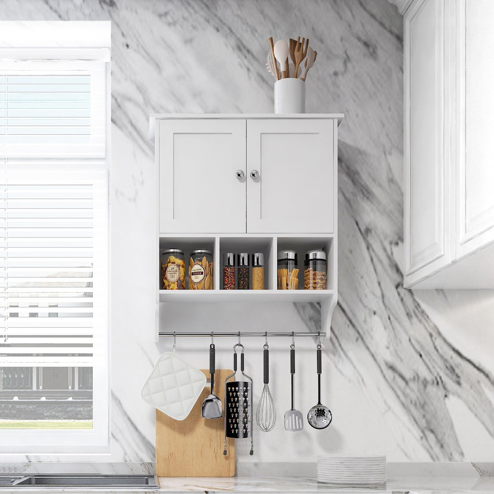 English Elm Bathroom Wall Cabinet with Towel Bar — Durable P2 MDF, Wall-Mount Storage for Toiletries & Medicine White W2386P192273