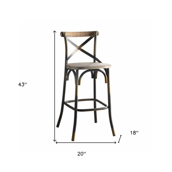 Homeroots 43" Oak And Black And Gold Solid Wood And Metal Bar Height Bar Chair   376982