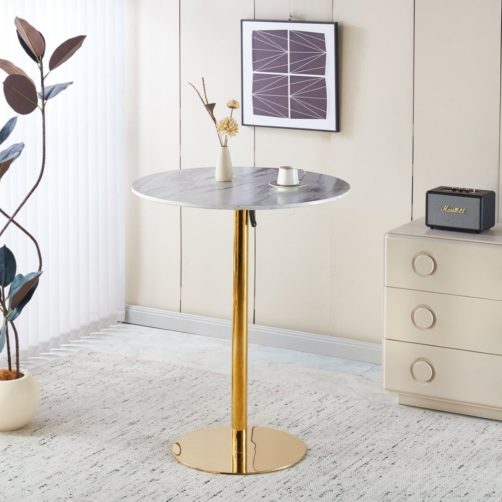 English Elm Modern Glam Pub Set with Marble Top Round Table and Two Adjustable Stools Gold+Blue W234S00135