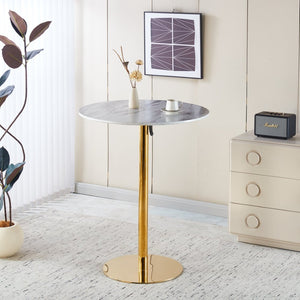 English Elm Modern Glam Pub Set with Marble Top Round Table and Two Adjustable Stools Gold+Blue W234S00135