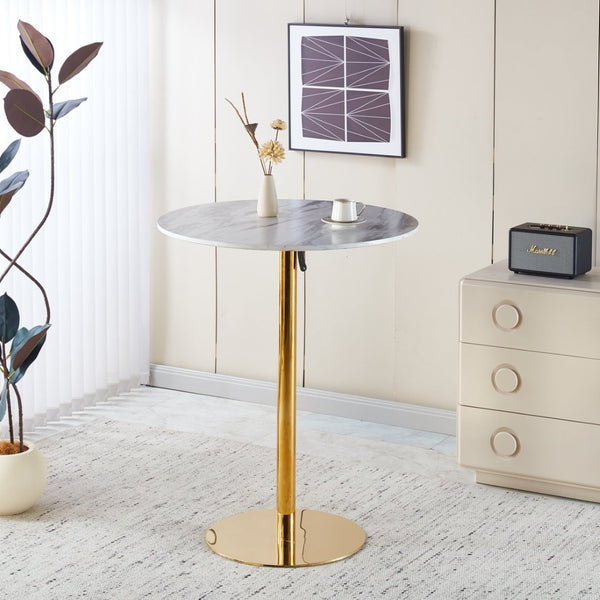 English Elm Modern Glam Pub Set with Marble Top Round Table and Two Adjustable Stools Gold+Blue W234S00135
