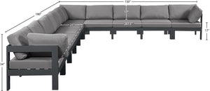 Meridian Furniture Nizuc Ten Piece Outdoor Modular Sectional with Water Resistant Fabric and Aluminum Frame 376Grey-Sec10A