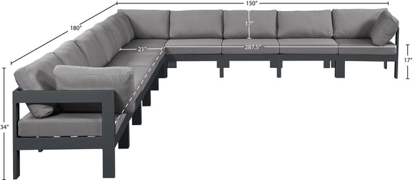 Meridian Furniture Nizuc Ten Piece Outdoor Modular Sectional with Water Resistant Fabric and Aluminum Frame 376Grey-Sec10A