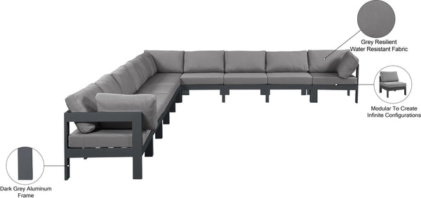 Meridian Furniture Nizuc Ten Piece Outdoor Modular Sectional with Water Resistant Fabric and Aluminum Frame 376Grey-Sec10A