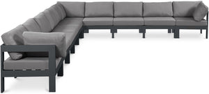 Meridian Furniture Nizuc Ten Piece Outdoor Modular Sectional with Water Resistant Fabric and Aluminum Frame 376Grey-Sec10A