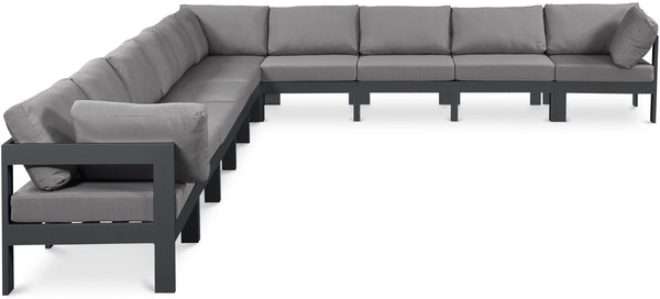 Meridian Furniture Nizuc Ten Piece Outdoor Modular Sectional with Water Resistant Fabric and Aluminum Frame 376Grey-Sec10A