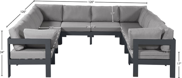Meridian Furniture Nizuc 10 Piece Modular Outdoor Sectional with Water Resistant Fabric Patio Seating 376Grey-Sec10B