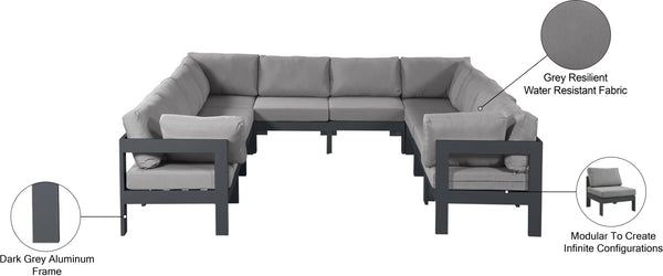 Meridian Furniture Nizuc 10 Piece Modular Outdoor Sectional with Water Resistant Fabric Patio Seating 376Grey-Sec10B