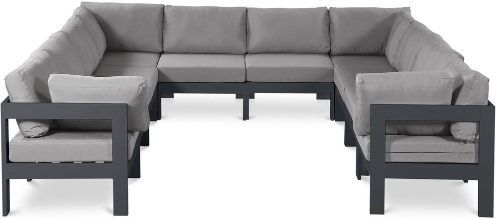 Meridian Furniture Nizuc 10 Piece Modular Outdoor Sectional with Water Resistant Fabric Patio Seating 376Grey-Sec10B