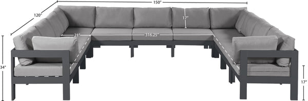 Meridian Furniture Nizuc 11 Piece Outdoor Modular Sectional Aluminum Frame Water Resistant Patio Sofa Set 376Grey-Sec11A