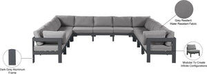 Meridian Furniture Nizuc 11 Piece Outdoor Modular Sectional Aluminum Frame Water Resistant Patio Sofa Set 376Grey-Sec11A