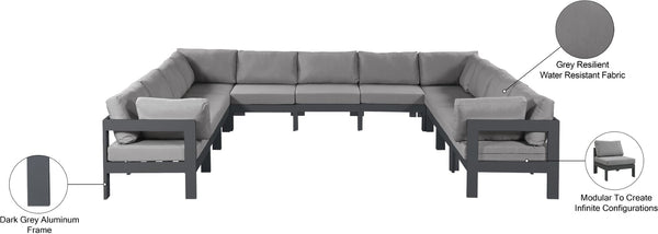 Meridian Furniture Nizuc 11 Piece Outdoor Modular Sectional Aluminum Frame Water Resistant Patio Sofa Set 376Grey-Sec11A