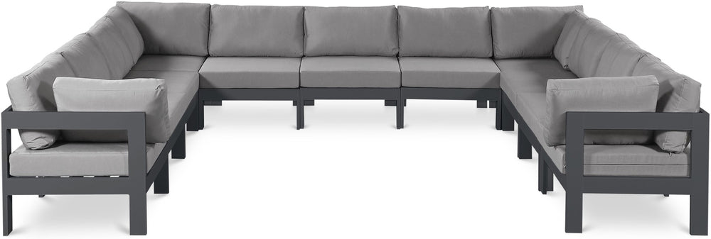 Meridian Furniture Nizuc 11 Piece Outdoor Modular Sectional Aluminum Frame Water Resistant Patio Sofa Set 376Grey-Sec11A