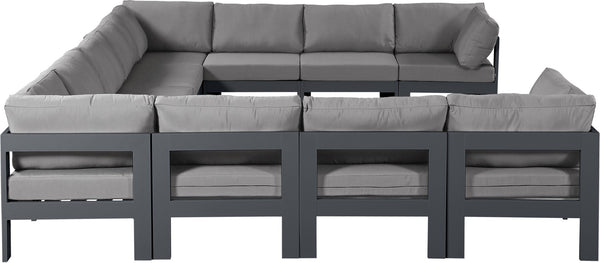 Meridian Furniture Nizuc 11 Piece Outdoor Modular Sectional Aluminum Frame Water Resistant Patio Sofa Set 376Grey-Sec11A