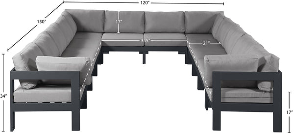 Meridian Furniture Nizuc 12 Piece Modular Outdoor Sectional with Aluminum Frame and All Weather Fabric 376Grey-Sec12A