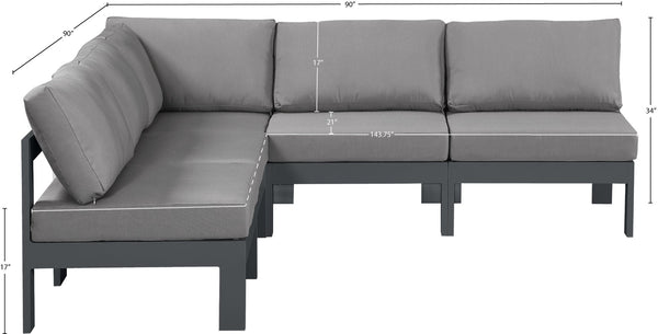 Meridian Furniture Nizuc Five Piece Modular Outdoor Sectional with Uv Resistant Fabric Aluminum Frame 376Grey-Sec5A