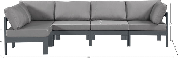Meridian Furniture Nizuc Five Piece Outdoor Modular Sectional with Weather Resistant Fabric Aluminum Frame 376Grey-Sec5C