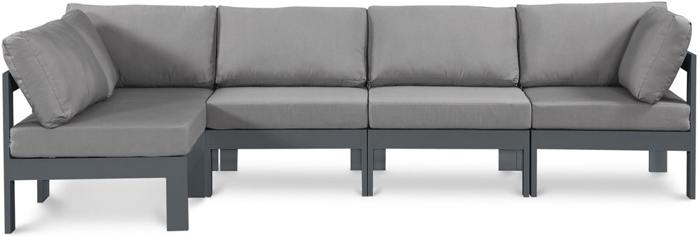 Meridian Furniture Nizuc Five Piece Outdoor Modular Sectional with Weather Resistant Fabric Aluminum Frame 376Grey-Sec5C