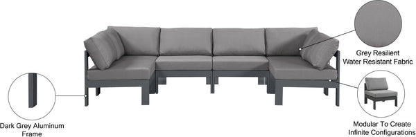 Meridian Furniture Nizuc Six Piece Outdoor Modular Sectional Water Resistant Fabric Patio Lounge Set 376Grey-Sec6B