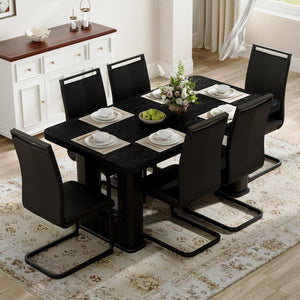 English Elm Table 7-Piece Dining Set: Stylish Black Wood & Glass Finish With 6 Comfortable Pu Chairs & Arched Legs W1151S04305-GIGA