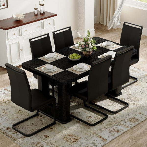 English Elm Table 7-Piece Dining Set: Stylish Black Wood & Glass Finish With 6 Comfortable Pu Chairs & Arched Legs W1151S04305-GIGA